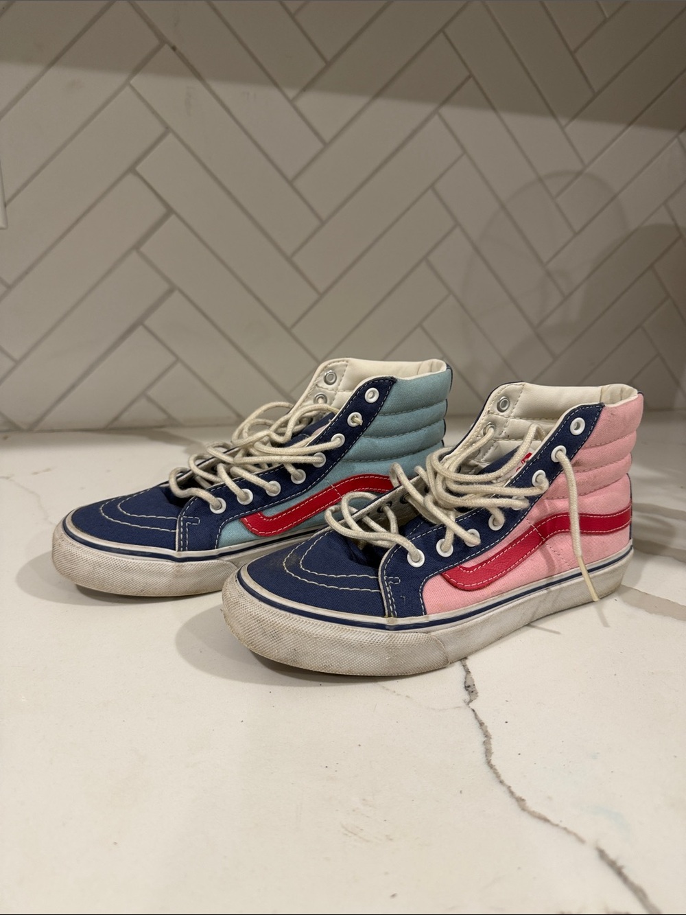 Vans Womens Sk8-Hi Sneakers 
Navy, Light Blue, Pink & Red
